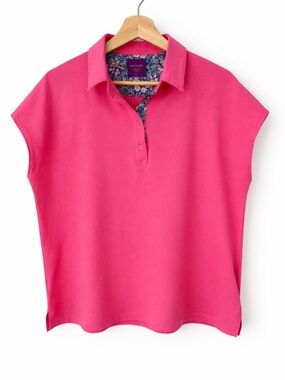 SIMONS Made with Liberty Fabric Floral Trim Cap Sleeve Polo Shirt - Pink - L
